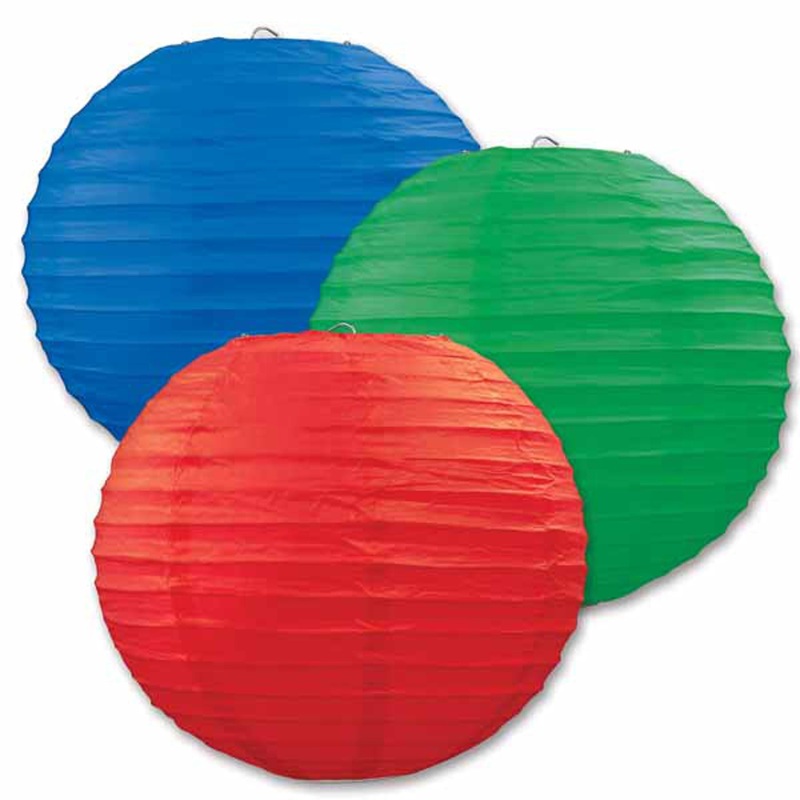 Colorful Paper Lanterns (9 " 3/Pkg) Rd/Bl/Gn.