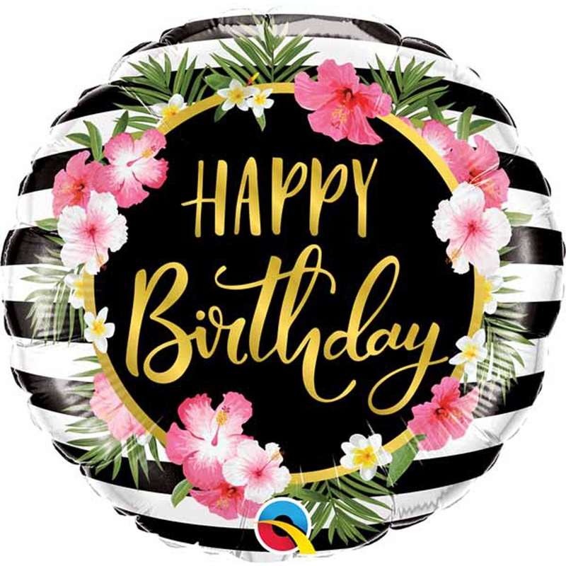 Tropical Elegance: 18" Happy Birthday Hibiscus Stripes Foil Balloon (5/PK)
