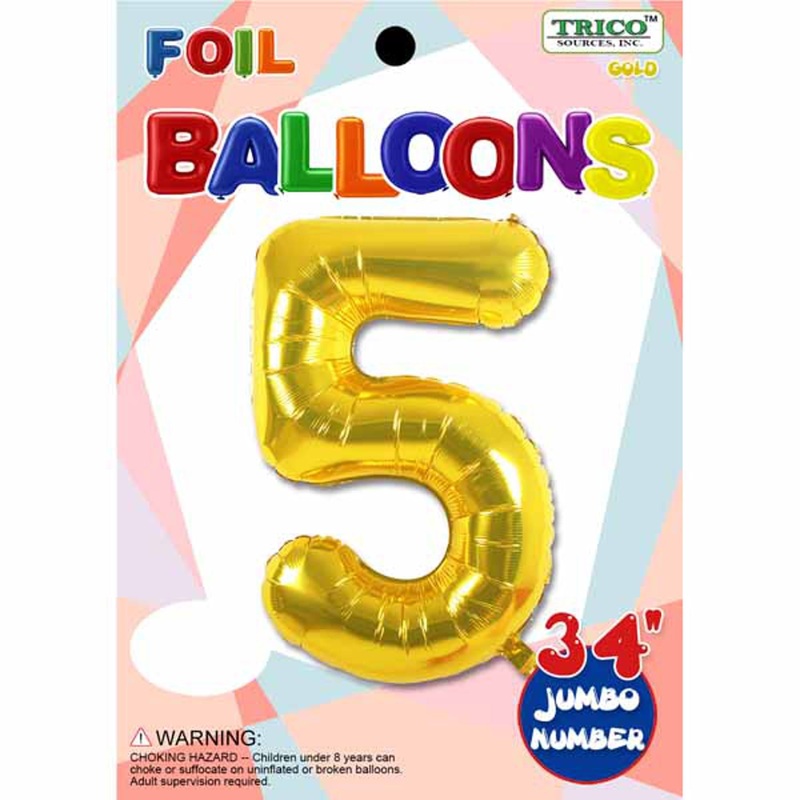 Gold Foil Number 5 Balloon - 34 Inches.
