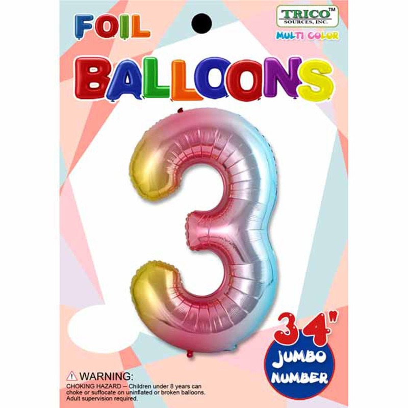 Rainbow Number 3 Foil Balloon - 34" Tall