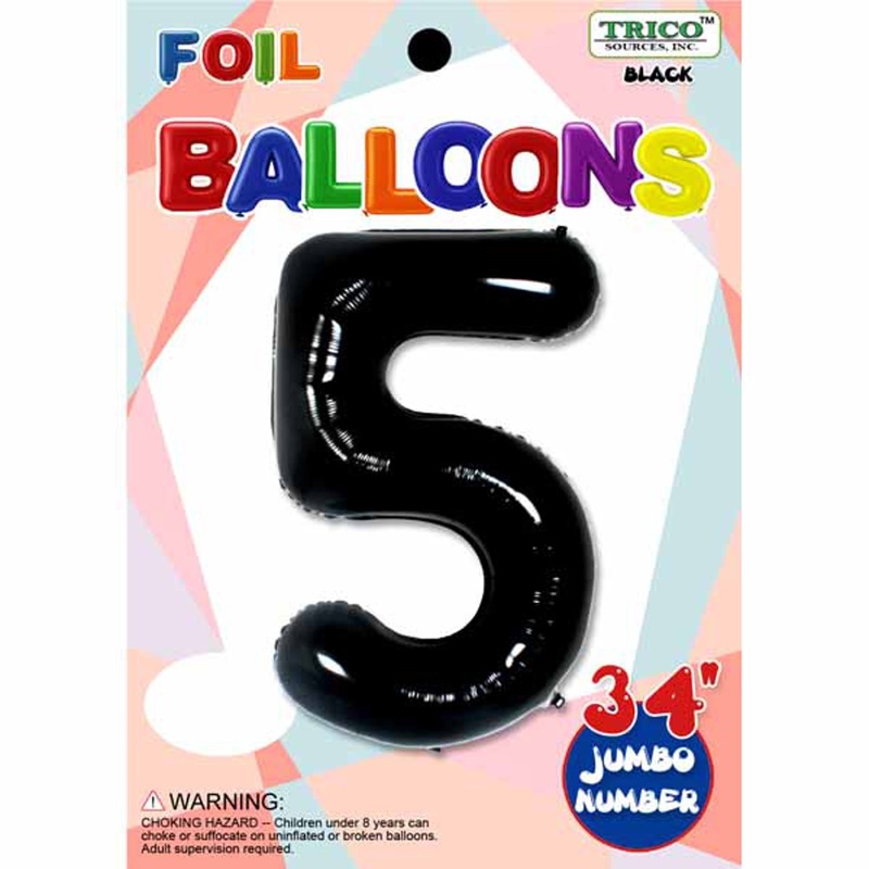 Black Number 5 Foil Balloon - 34 Inches.