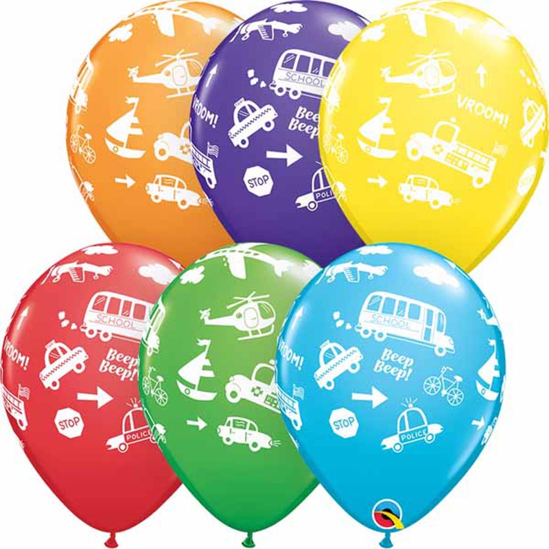 Assorted 11" Rainbow Transportation Vehicles Balloons - Set Of 50