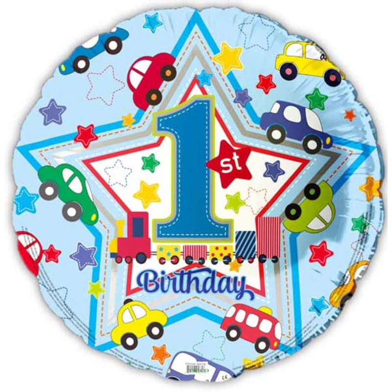 Happy 1st Birthday Blue Cars Train Stars Balloon (5/pk)