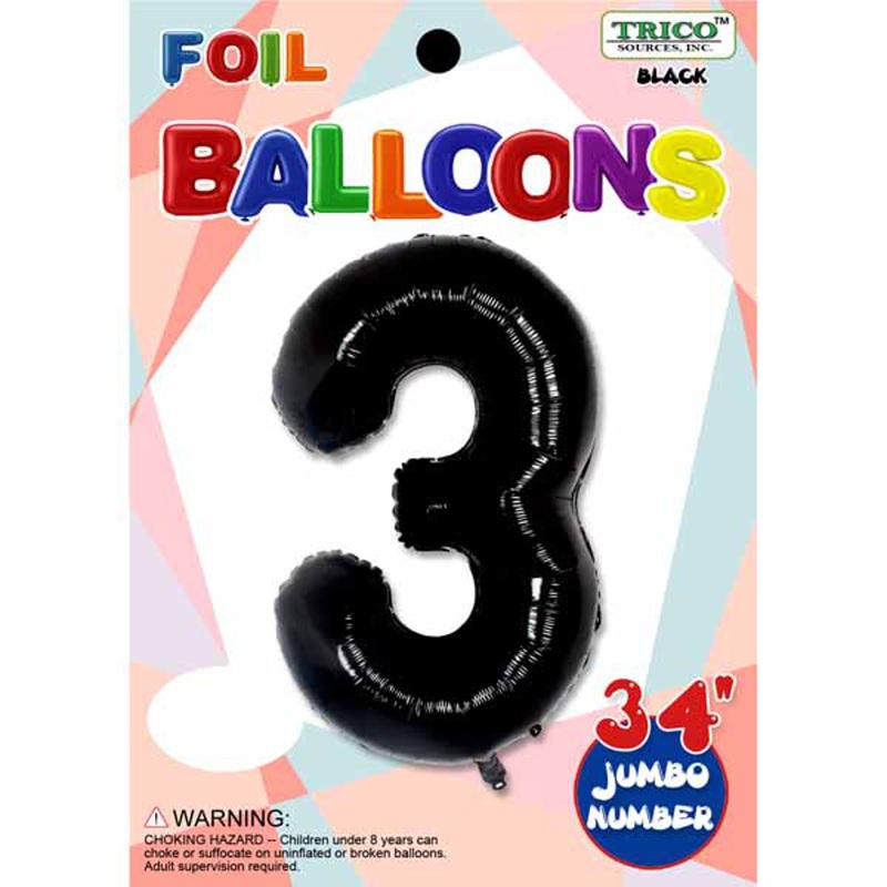 Black Number 3 Balloon - 34" Foil Pkgd