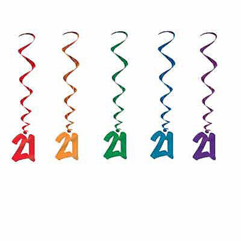 Turning Twenty-One Multicolor Hanging Whirls for a Festive 21st Birthday (5/Pk)