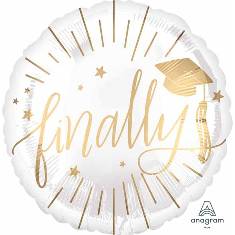 18" Finally White & Gold Graduation Foil Balloon Flat (5/Pk)