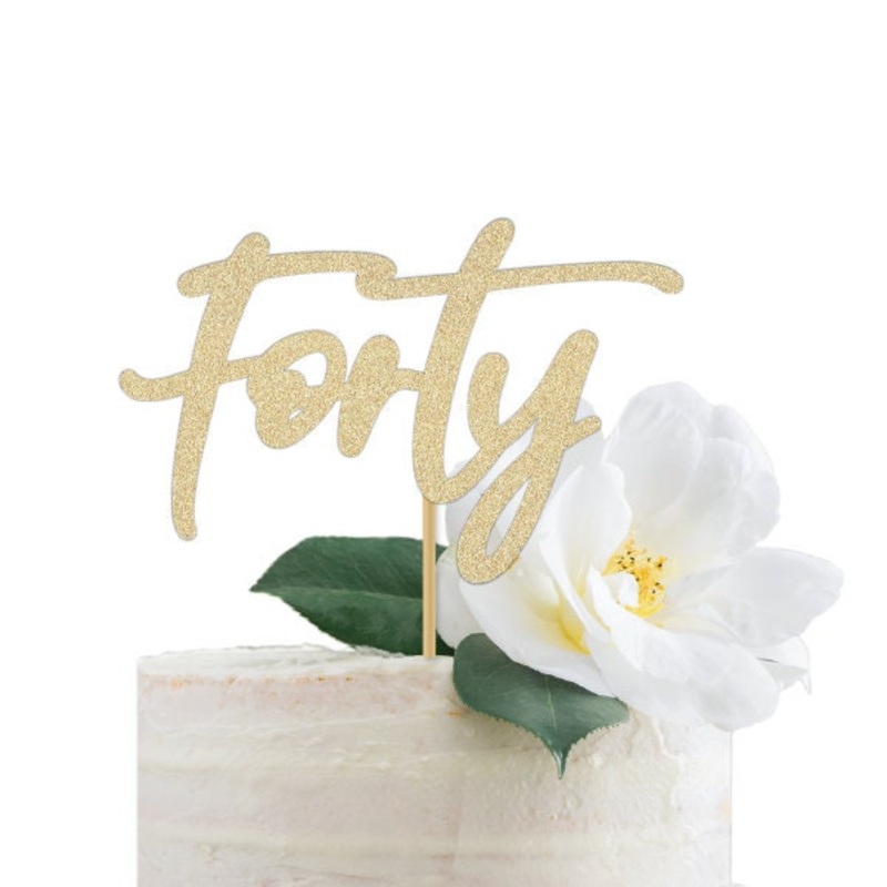 Forty Cake Topper 40th Birthday Decoration  Written Out Gold Glitter Script Sign Forty & Fab Fortieth  woman wife party centerpiece