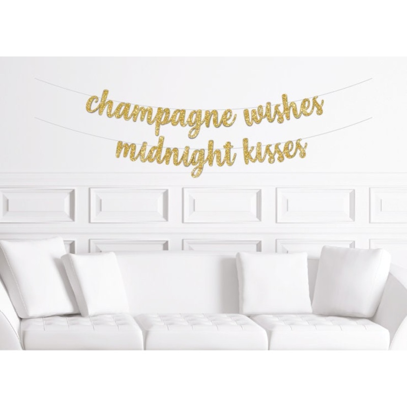 Happy New Years Banner Gold | Champagne Wishes Midnight Kisses Sign, New Years Eve Decorations 2022