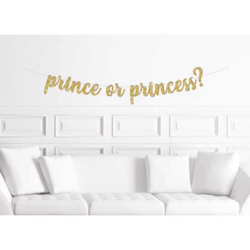 Prince or Princess? Cursive Banner / Gold Script Glitter Gender Reveal Sign/ Simple Minimal / He or She / We Came for the Sex / Party Decor