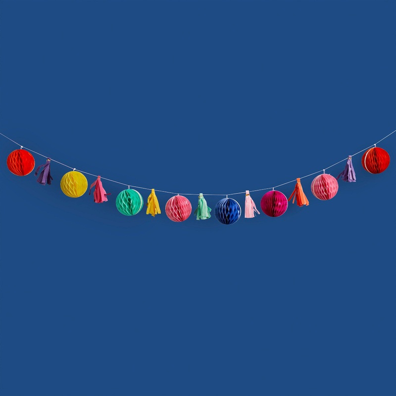 Bright Coloured Honeycomb & Tassel Garland 2m