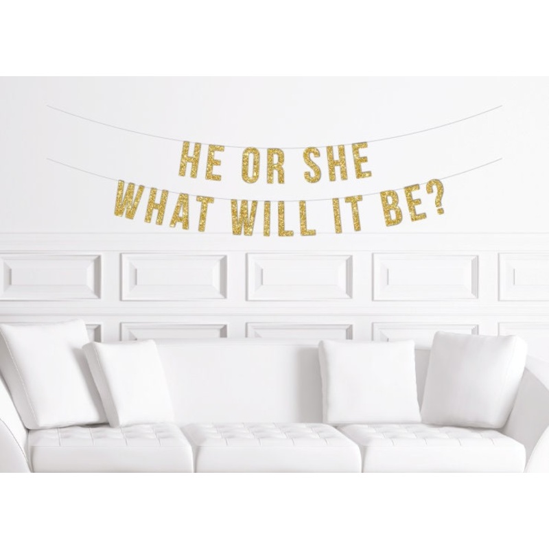 He or She What Will It Be? Banner / Gold Glitter Gender Reveal Sign / Decorations / Decor for a Gender Reveal Party / Modern Baby Shower