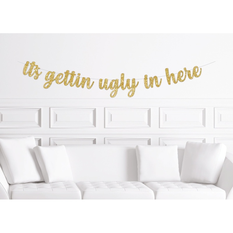 Ugly Christmas Sweater Party Decor, It's Gettin Ugly In Here Banner for a Backdrop, Gold Glitter